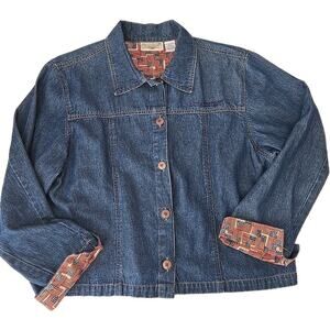 Longaberger Homestead Size L Denim Jacket Patriotic Flag Split Cuff Shacket